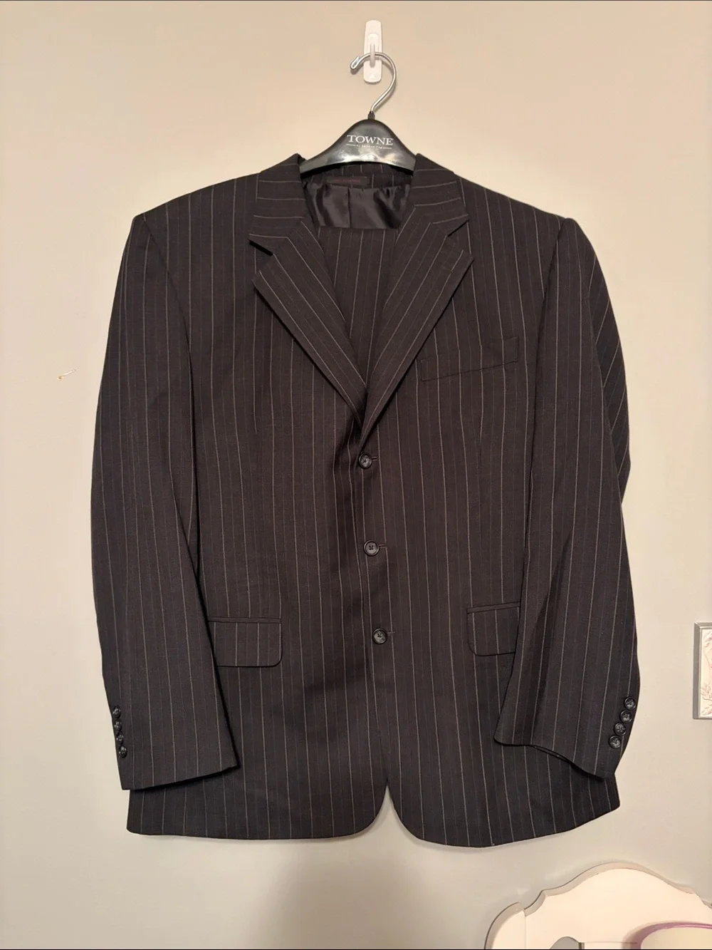 Men's Black Pinstripe Three-Button Suit Jacket